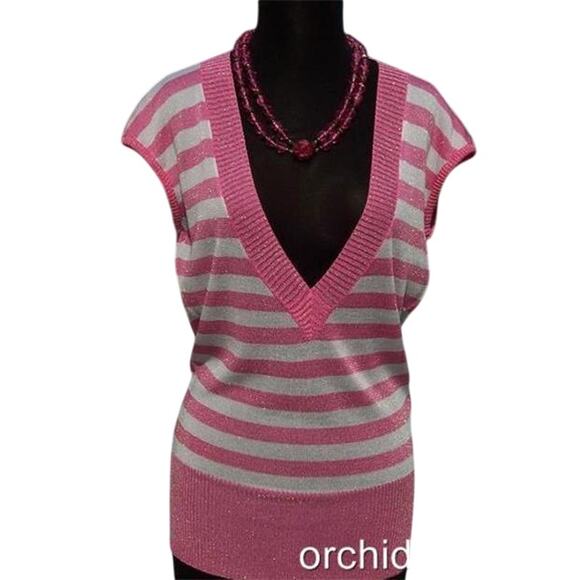 Cache Plunging V Neck Pink White Metallic Knit Top New Size S/M Stretch $88 NWT - Picture 2 of 6